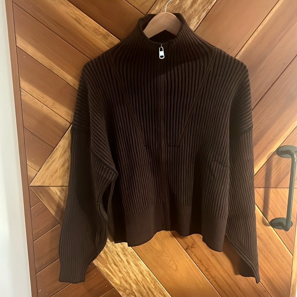 NWT, VARLEY- Carmen Zip-through rib knit sweater, size Medium, TTS, dark brown